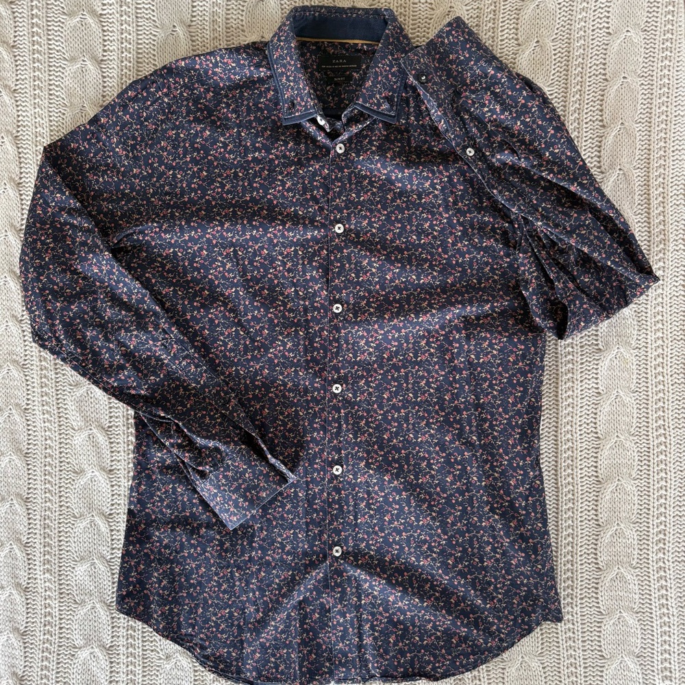 Zara Navy Mens Floral Button Up Slim Fit Dress Shirt Medium